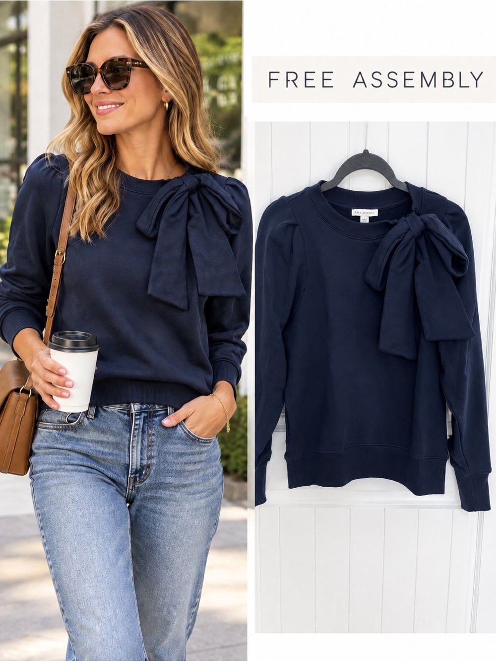 Navy Bow-Accent Long-Sleeve Top